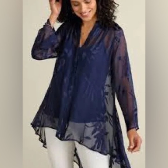 Soft Surroundings Silk Shirt Navy SZ M Silk sheer witchy goth fairy No Cami EUC - Picture 1 of 9